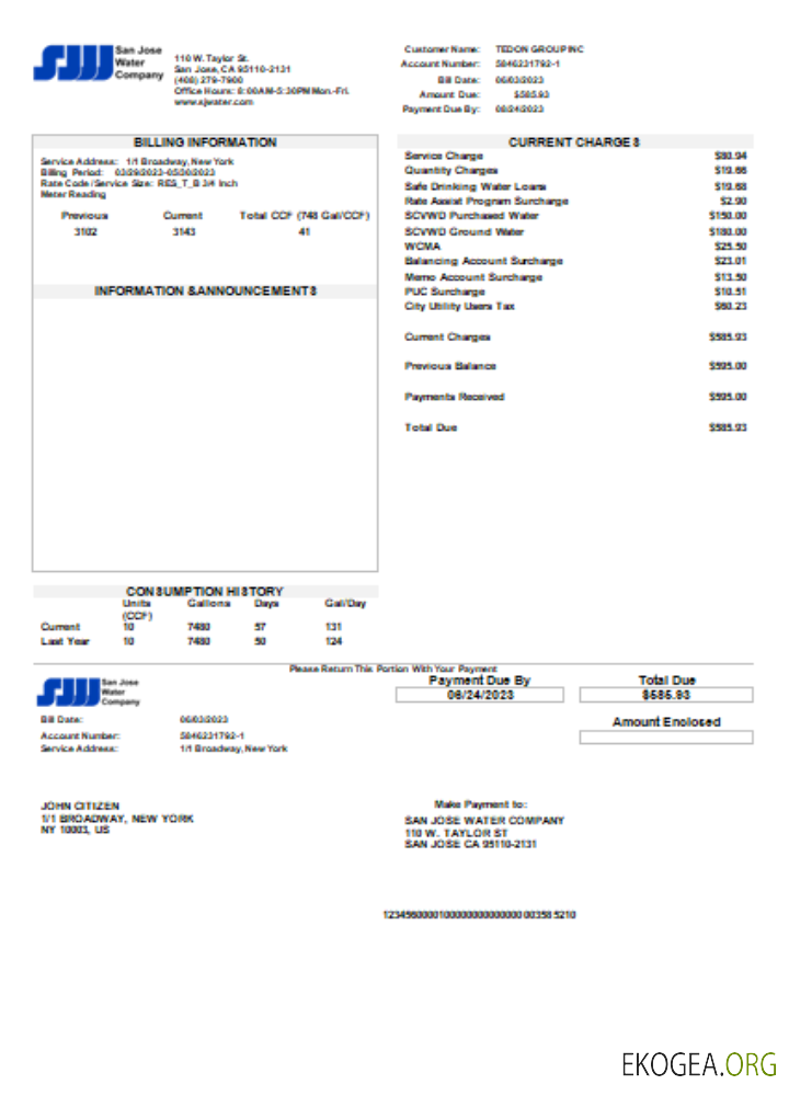 Facture commerciale du service public de San Jose Water, SCR